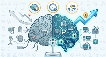 An infographic split-brain concept illustrating modern healthcare IT challenges. The left side is grey, labeled with icons for 