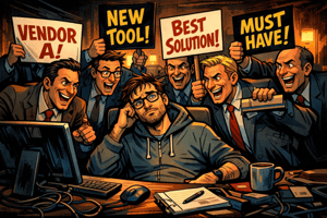 Cybersecurity executive, surrounded by sales representatives trying to sell the latest and greatest service